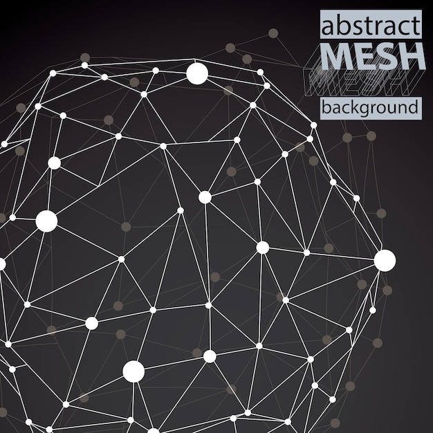 3D vector abstract design template polygonal complicated contrast figure with lines mesh and dots on dark background
