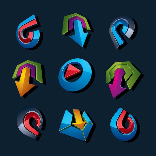 3d vector abstract shapes, different business icons and design elements collection. geometric abstract arrows for use as navigation pictograms and app buttons.