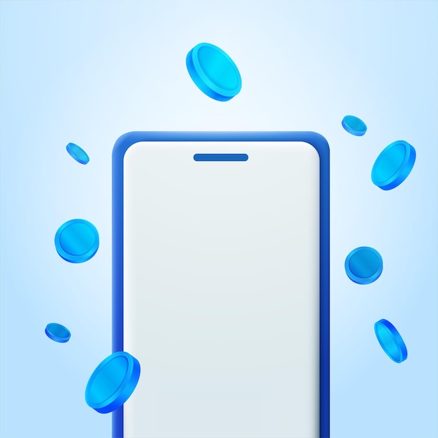 3d vector blue coins explosion effect out from smartphone device screen banner design.