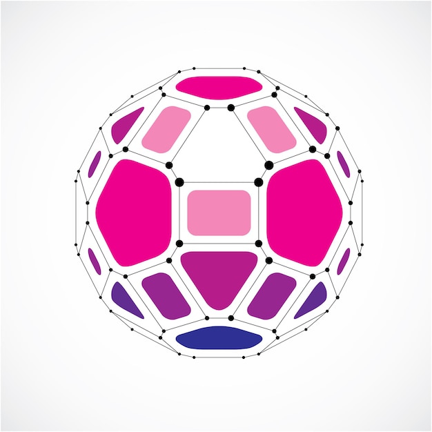 3d vector digital wireframe spherical object made using facets. Geometric polygonal purple ball created with lines mesh and pentagons. Low poly shape, lattice form for use in web design.