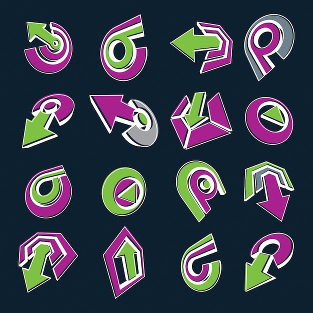 3d vector green and purple abstract shapes, different business icons and design elements collection. geometric abstract arrows for use as navigation pictograms and app buttons.