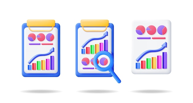 3d vector illustration set of business report with data analysis graphs bars and pie charts