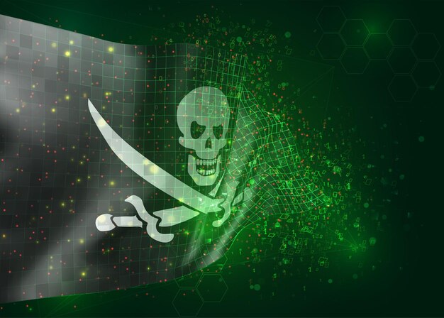 3d vektornett flagg av et piratkranium på en svart bakgrunn med polygoner og datanummere