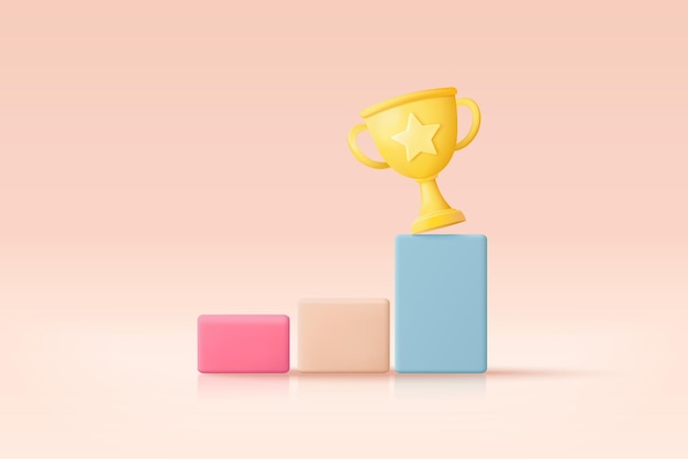 3D-vinnere, minimalt design med gyllen pokal, gullvinnere, stjerner på podiet i bakgrunnen. Konsept for prisutdeling på pidestall med 3D-vektor-rendering i tegneseriestil, isolert på pastellbakgrunn