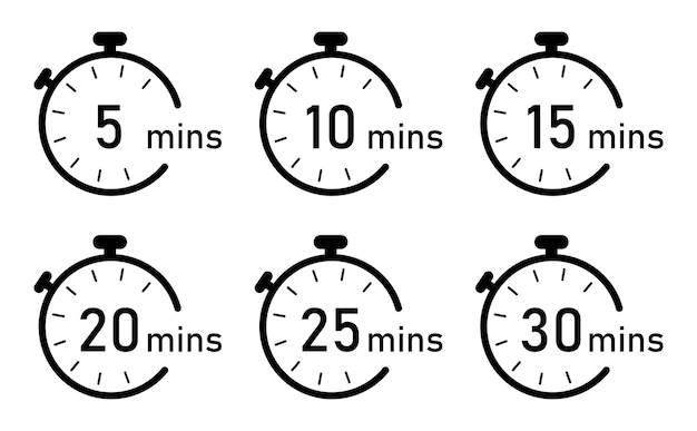 5 10 15 20 25 30 minutes timer and clock icons set black color isolated on a white background Timer logo Clock symbols stopwatch signs Timer icons Vector illustration