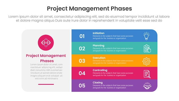 5 phase project management infographic template banner with big round rectangle box and vertical point stack with 5 point list information for slide presentation