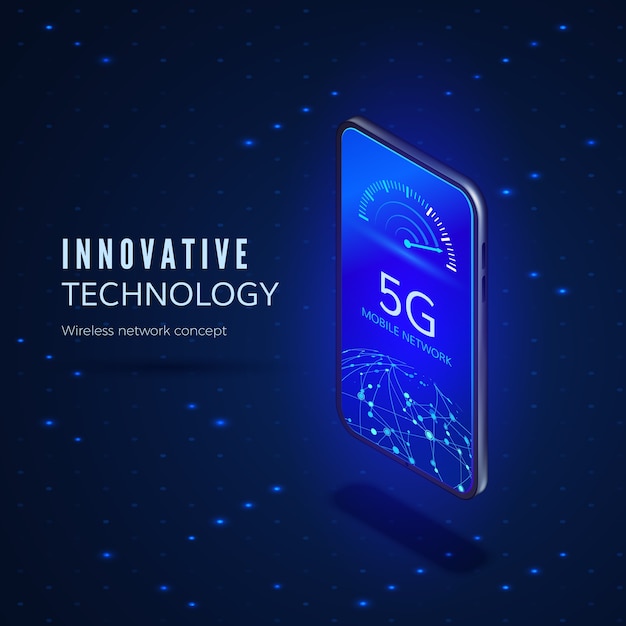 5G network innovation technology banner. Mobile phone with internet speed indicator and global network.