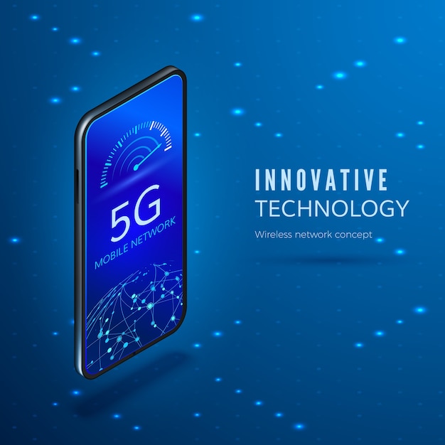 5G network innovation technology banner. Mobile phone with internet speed indicator and global network.