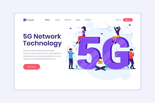 5th Network Technology People with giant 5G symbol using Highspeed wireless connection 5G illustration
