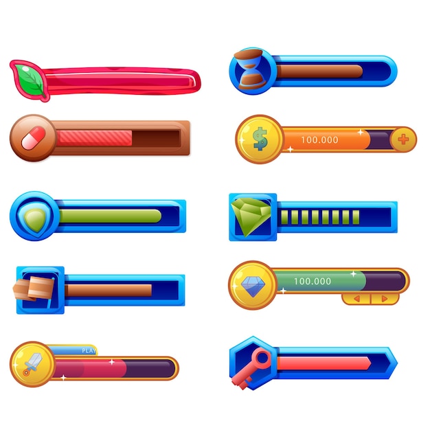 8bit pixel arcade game experience bars and energy levels vector UI interface elements Arcade video