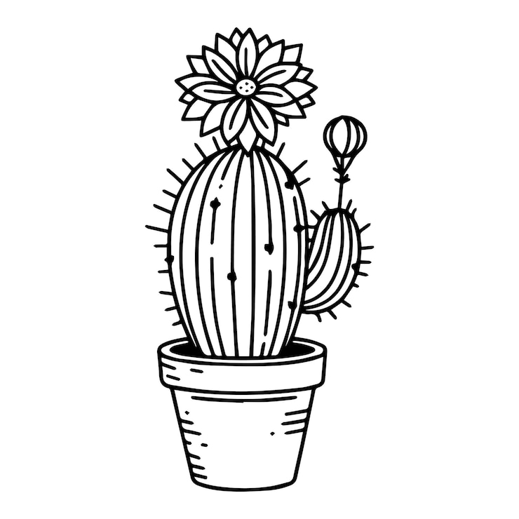 Vektor a black and white drawing of a cactus in a pot with a flower on it