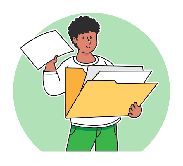 A black man searches for data from a document folder