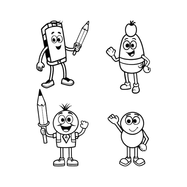 a blackandwhite vector illustration featuring eight different school supplies as