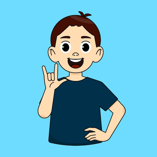 A boy shows a sign in sign language saying I love you