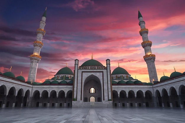 a building with a sky and a pink and blue sky The Federal Territory mosque