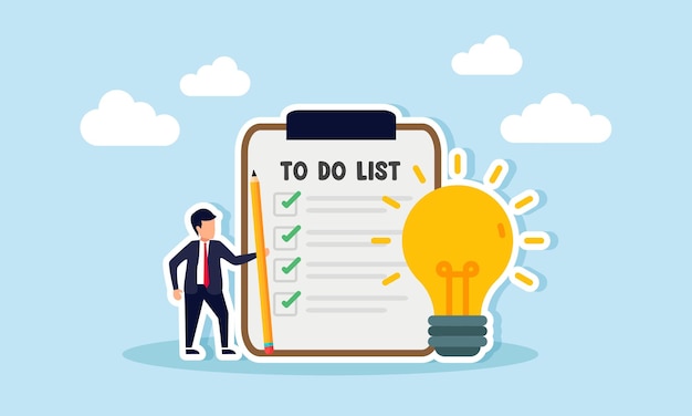 a businessman holding a pencil stands next to a work list and a light bulb illustrating the stepbystep planning for innovative business ideas to advance the company