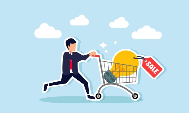 A businessman pushes a shopping cart filled with lightbulbs labeled SALE illustration of a new business model by an agency offering ideas and innovations to companies