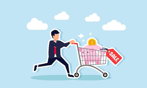 A businessman pushes a shopping cart filled with piggy banks labeled SALE illustration of selling investment assets for business capital needs