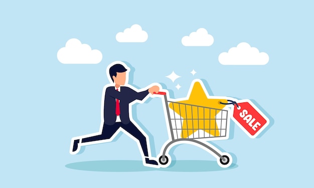A businessman pushes a shopping cart filled with stars labeled SALE illustration of a new business model with an agency offering rating improvement services to companies