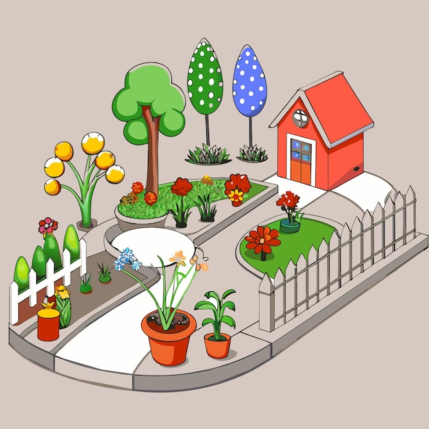 a cartoon drawing of a garden with a house and a garden with flowers