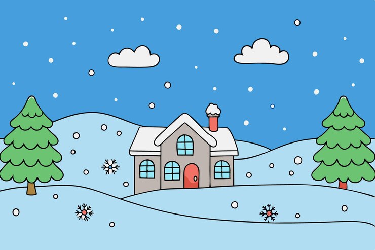 a cartoon illustration of a house with a red door and snow covered mountains