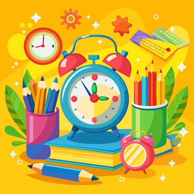a clock with a blue face and pencils on the top of it
