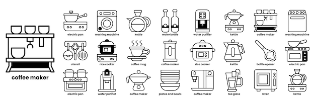 A coffee maker is shown with a variety of other kitchen appliances