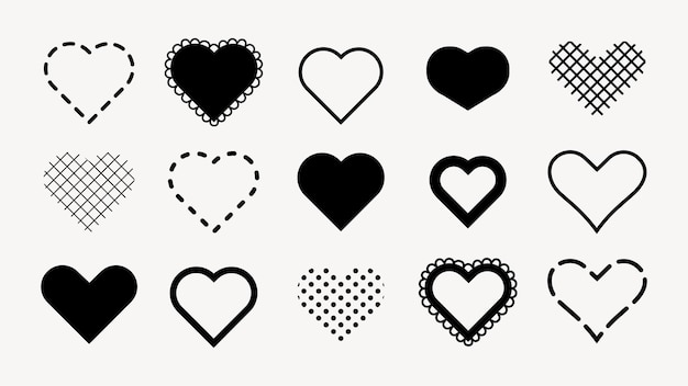 a collection of 15 black and white heart icons in various styles heart shapes include solid outlined and patterned designs perfect for lovethemed projects black valentine39s day elements vector