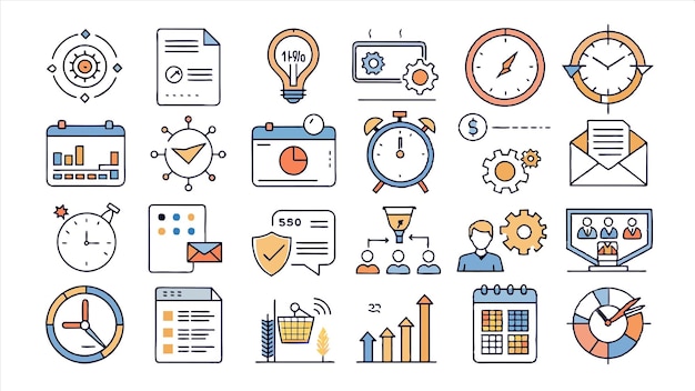 a collection of business icons including a clock clock and other icons
