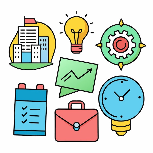 a collection of colorful icons representing business concepts like growth strategy time management and innovation