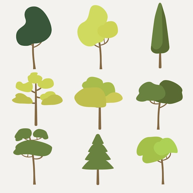 A collection of trees with different shapes and colors.