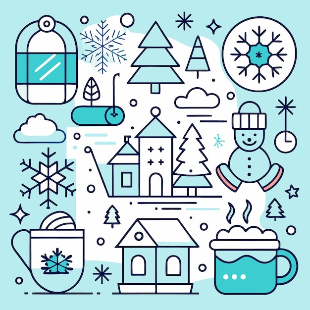A collection of winterthemed icons including snowflakes a snowman a cabin a cup of hot cocoa and a ski lift