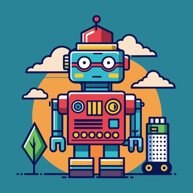 a colorful cartoon of robot with a cloud in the background