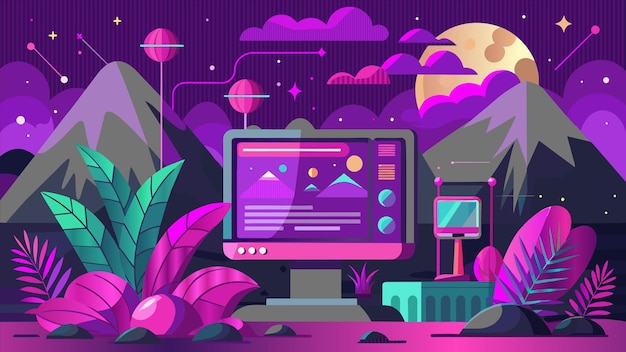 a colorful computer screen with a purple background and a purple background with a purple background with purple flowers