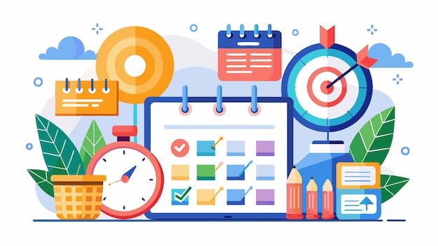 a colorful illustration of a computer with a clock and a clock on the top