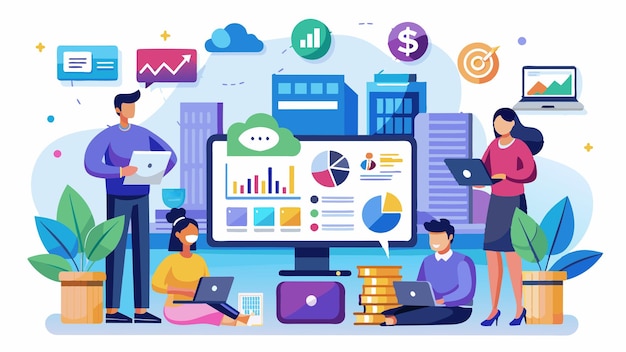 a colorful illustration of people working on laptops with the word financial on the screen