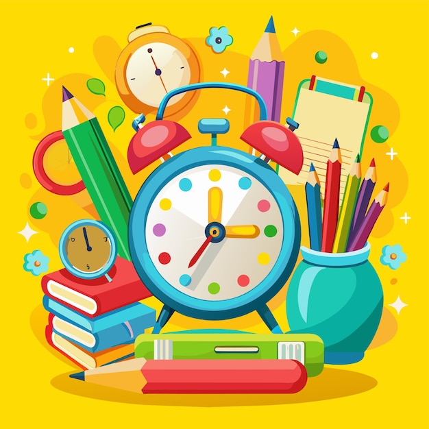 a colorful picture of a clock with a pencil and pencils