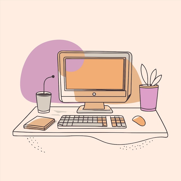 a computer monitor with a pink background and a cup of coffee and a pen