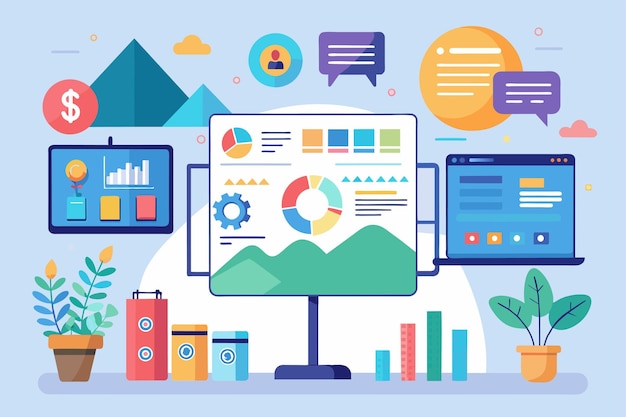 A computer screen displaying a variety of icons in a simplistic and minimalist design Infographic presentation Simple and minimalist flat Vector Illustration