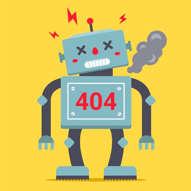 a cute robot is standing tall. it is broken and smoking. error 404 for internet site.  of a character.