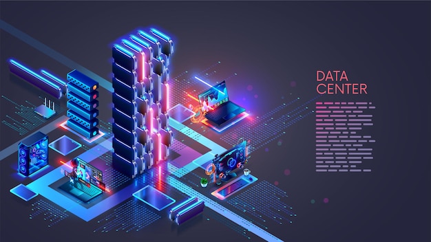 A data center with AI servers Users computers are connected via the Internet to a data center with Artificial Intelligence servers and cloud data storage Computer network and AI technology concept