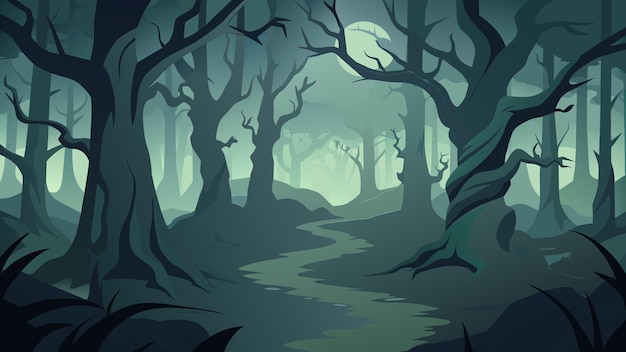 a dense misty forest with twisting trees and ominous shadows portrays feelings of fear and uncertainty vector illustration