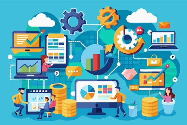 A digital illustration depicting a digital marketing strategy with various data points insights and business professionals collaborating