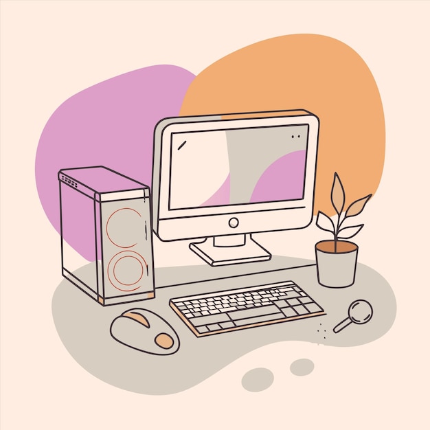 a drawing of a computer with a keyboard and a mouse