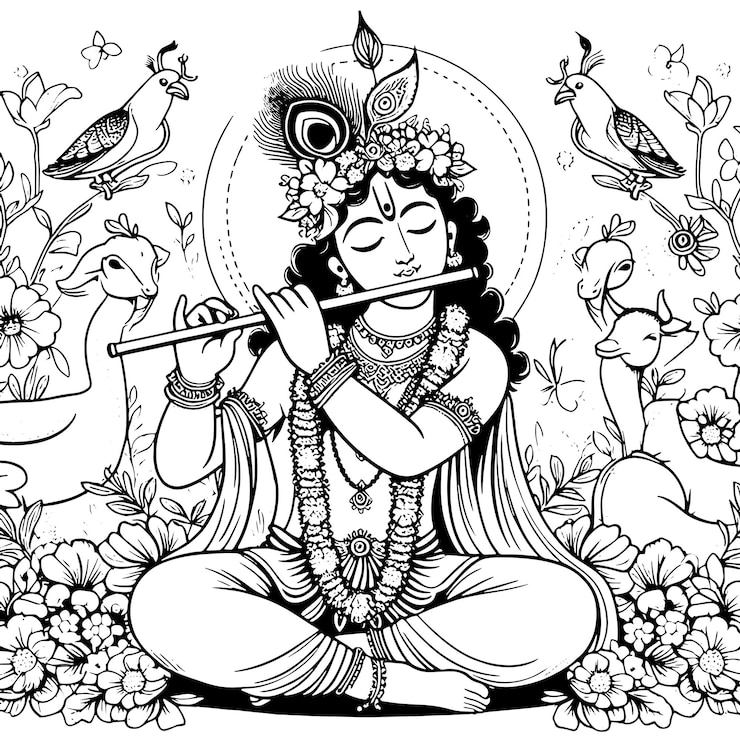 Vektor a drawing of a woman with a flute in her hands krishna janmashtami
