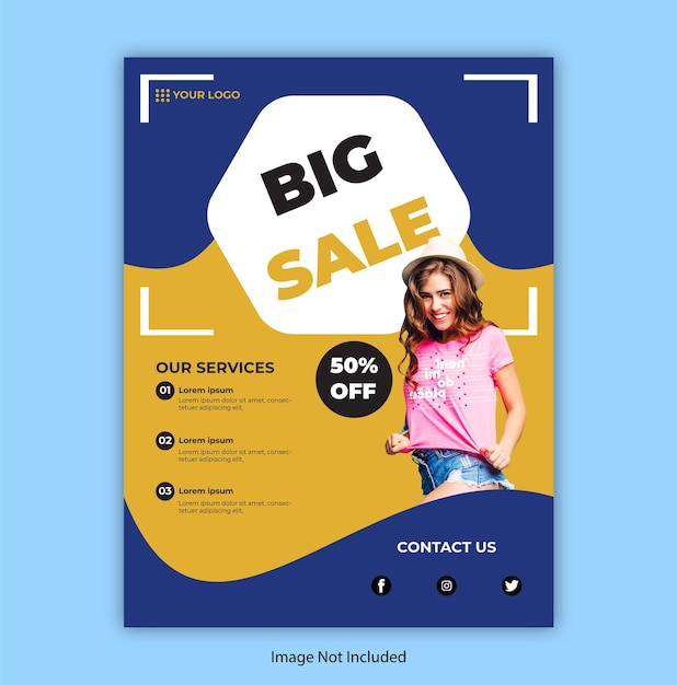 A flyer for a big sale with a blue and yellow background