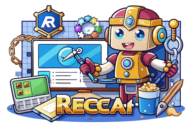 A friendly robot wearing a crown holding a tool in front of a computer