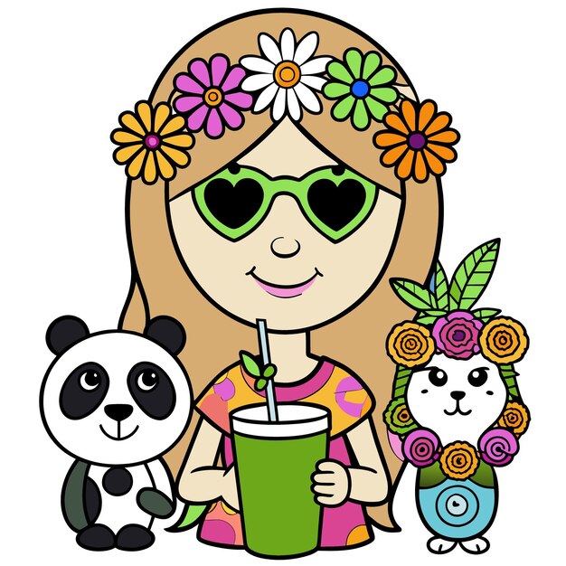 a girl with flowers on her hair and a panda and panda bear
