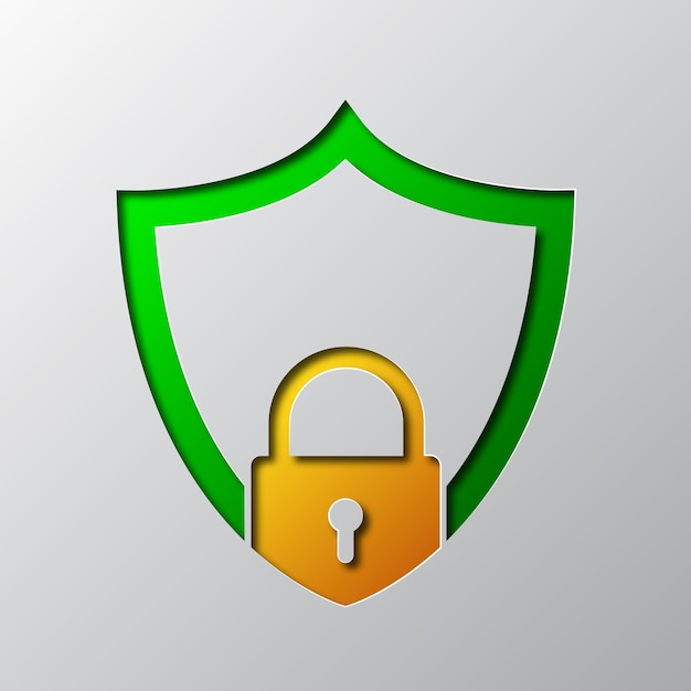 a green shield with padlock from cut paper with shadow. vector illustration. abstract shield with padlock cut from paper