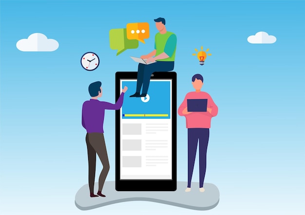 A group of three students connected to online learning There are discussions on learning problems through video calls Online education vector illustration design